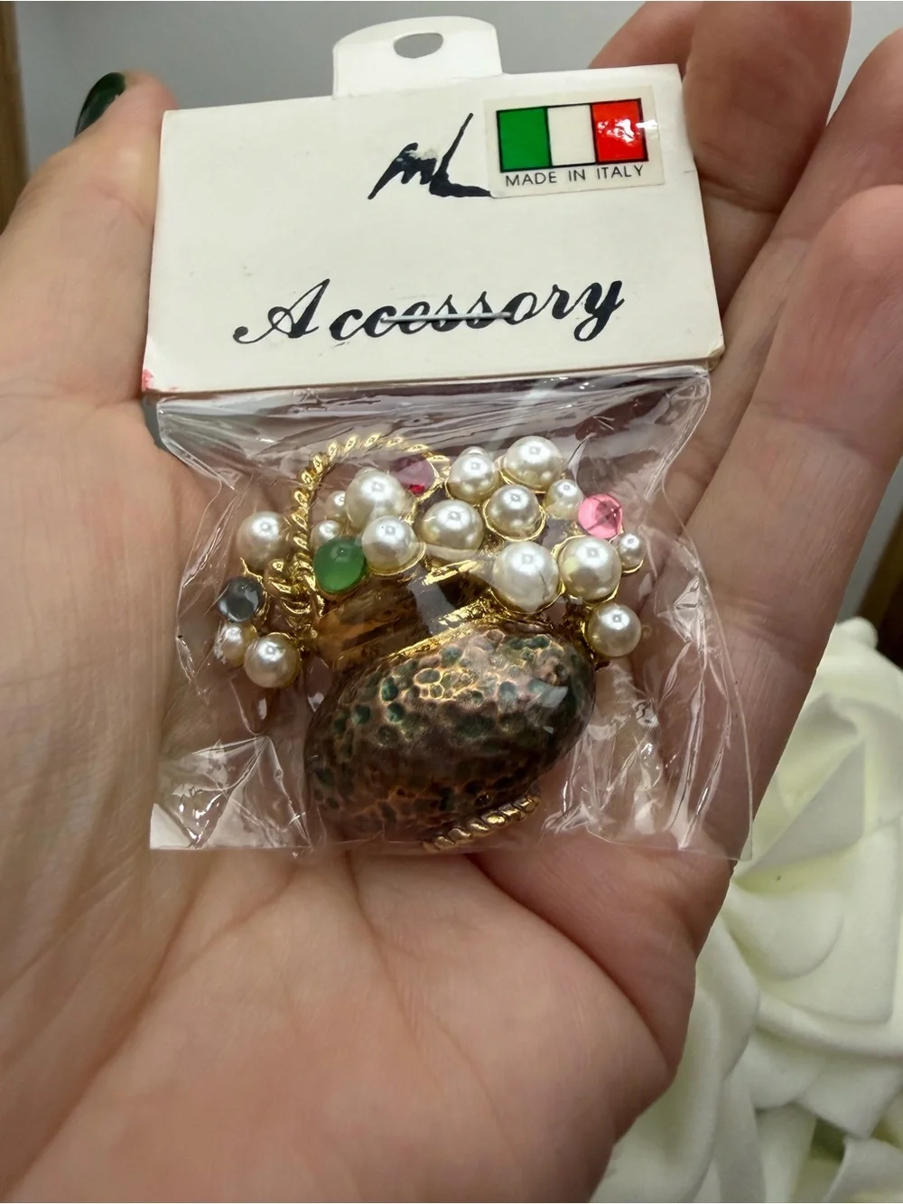 Made in Italy Pearl Cluster Basket Brooch - Gold Tone with Multicolor Gems